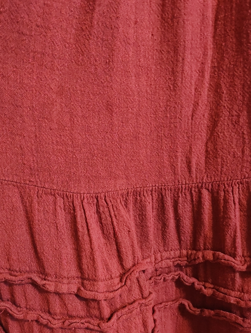 Boho Peasant Dress Brick Red Slub Puff Sleeve Ruffled Tiers Victorian Ren Fair S - Picture 16 of 16